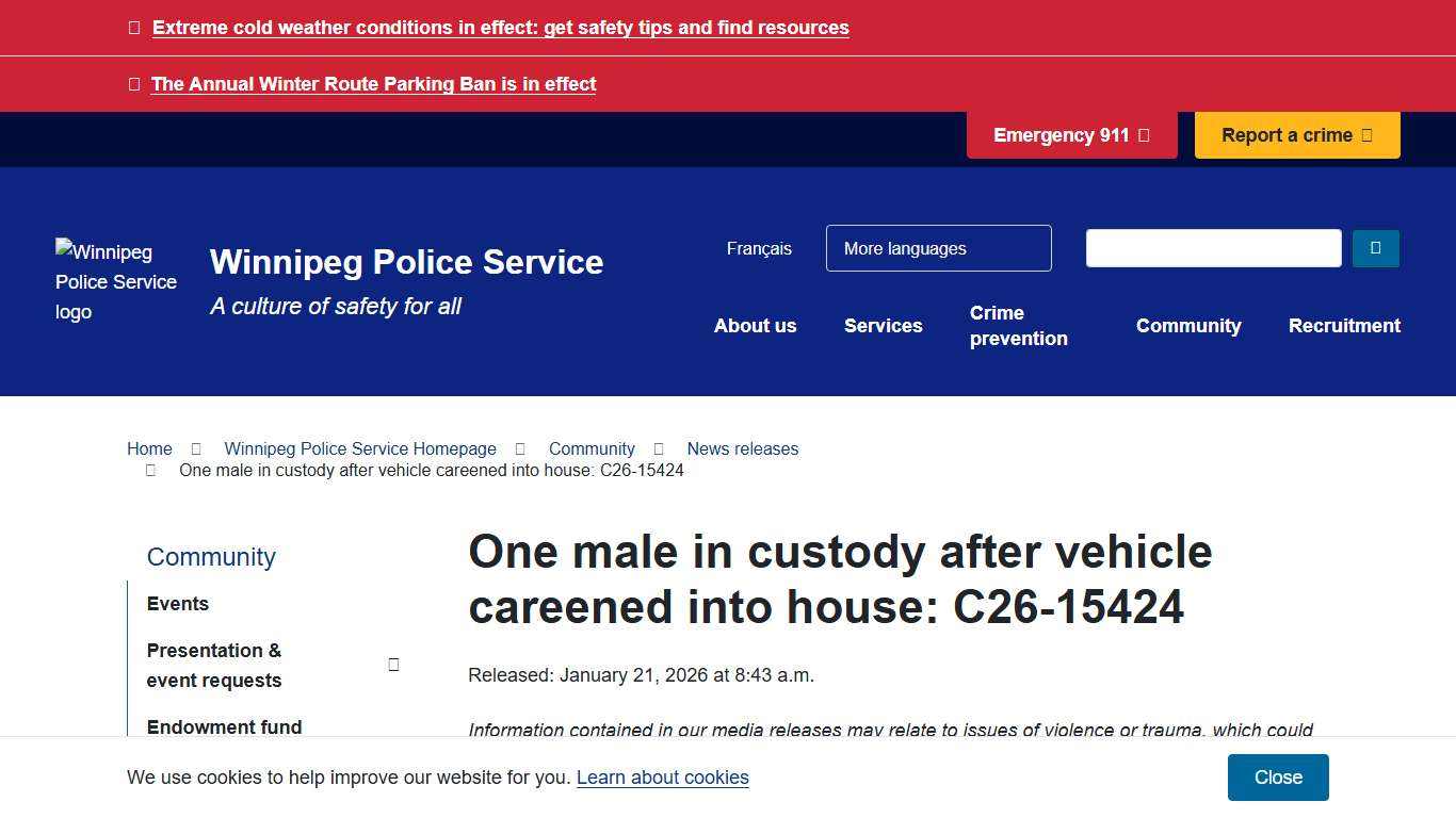 One male in custody after vehicle careened into house: C26-15424 | City of Winnipeg
